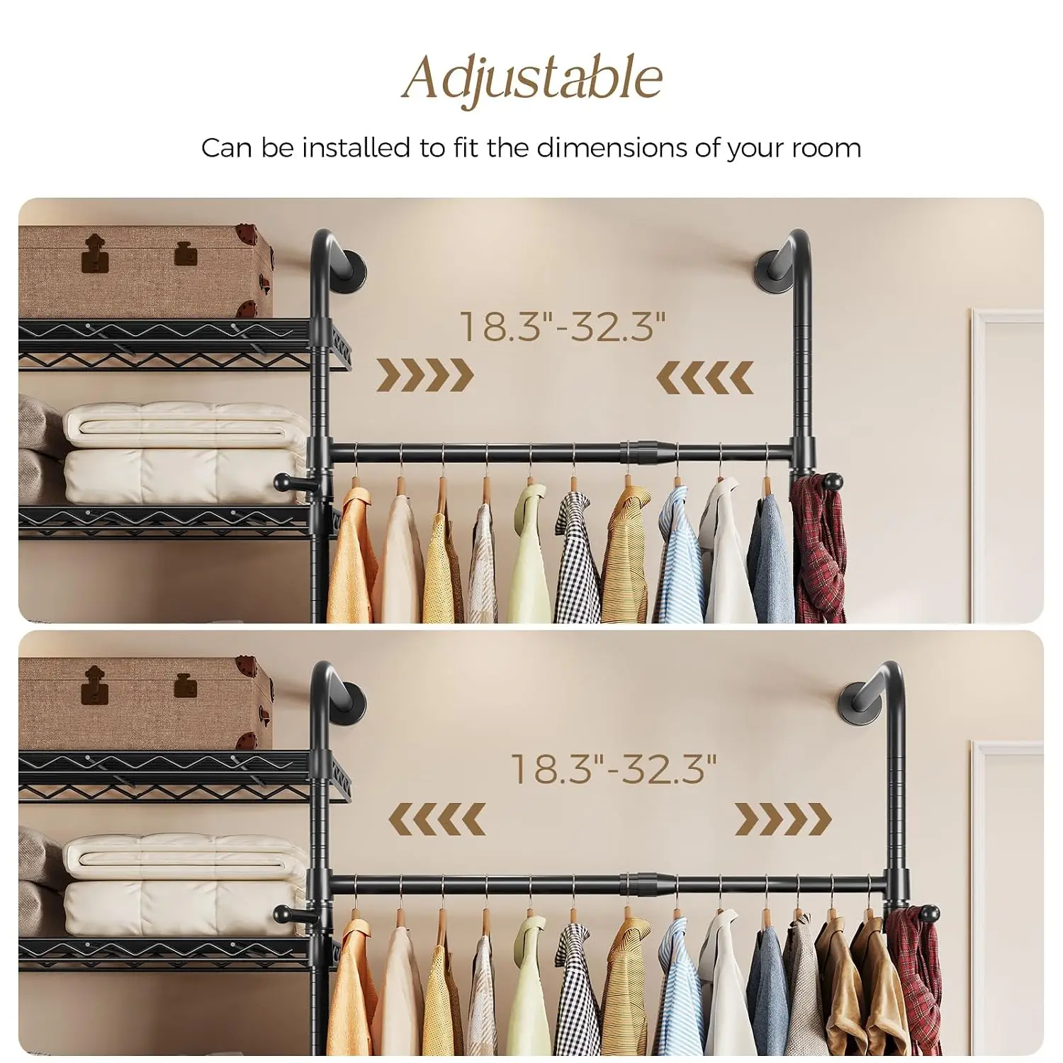Wall Mounted Closet Organizer, Heavy Duty Garment Rack, Industrial Pipe Rack with Telescopic Rods, Hooks,Customized