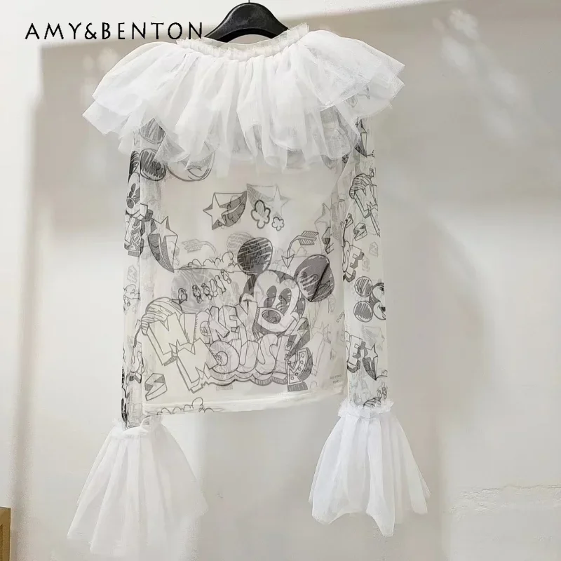 

Fashion Shirts Blouse Mesh Stitching Tie-Dyed White Slim Youthful Cartoon Versatile Bottoming Pullover Blusas De Mujer