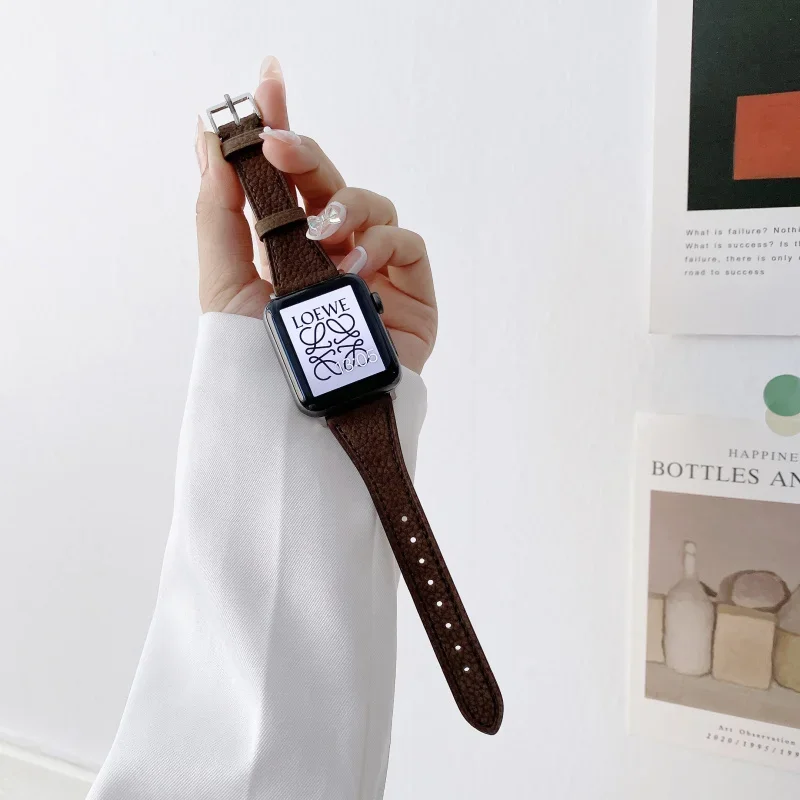 นาฬิกา Apple สายหนังรูปตัว T สำหรับผู้หญิง FF-13bx 6 5 4 3สายหนังลายลิ้นจี่เอวเล็ก38มม. 40มม. 42มม. 44มม.