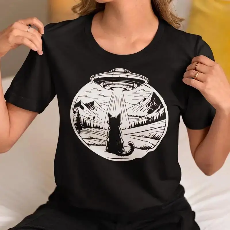 Cat UFO shirt funny T invasion meme gift for person lover her area 51 alien cool ladies women's tee