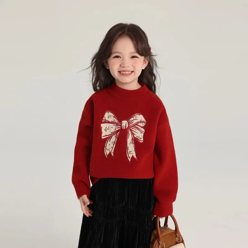 

Зимний вязаный свитер для девочек 2025 года — утепленный красный праздничный свитер для детей, стильная универсальная осенне-зимняя верхняя одежда