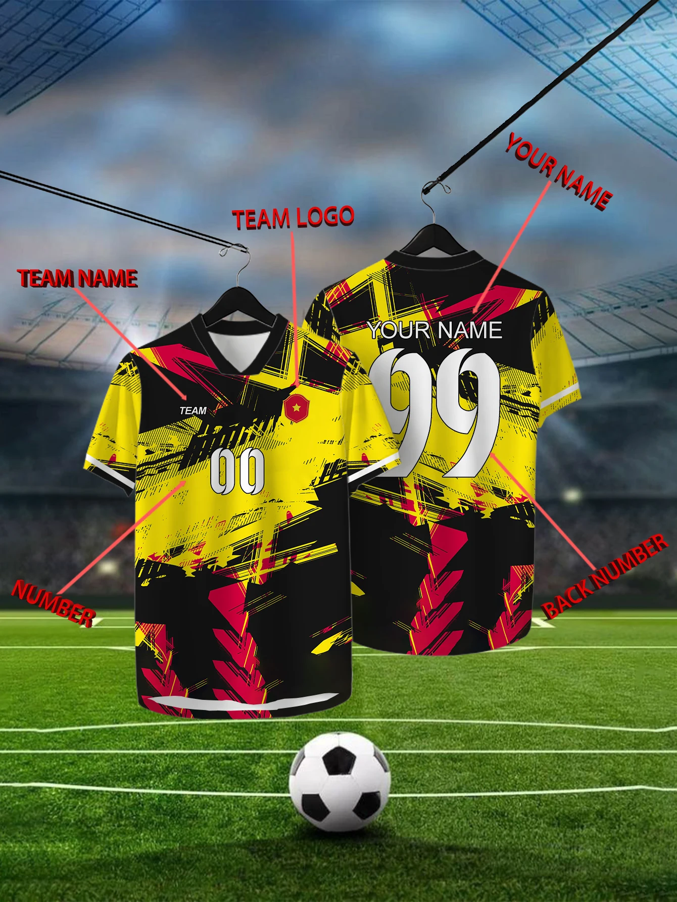 

Customized Geometric Multi-color Short Sleeved Shirt with Team Name, Emblem, Name and Number, Outdoor Sports Short Sleeved T-shi