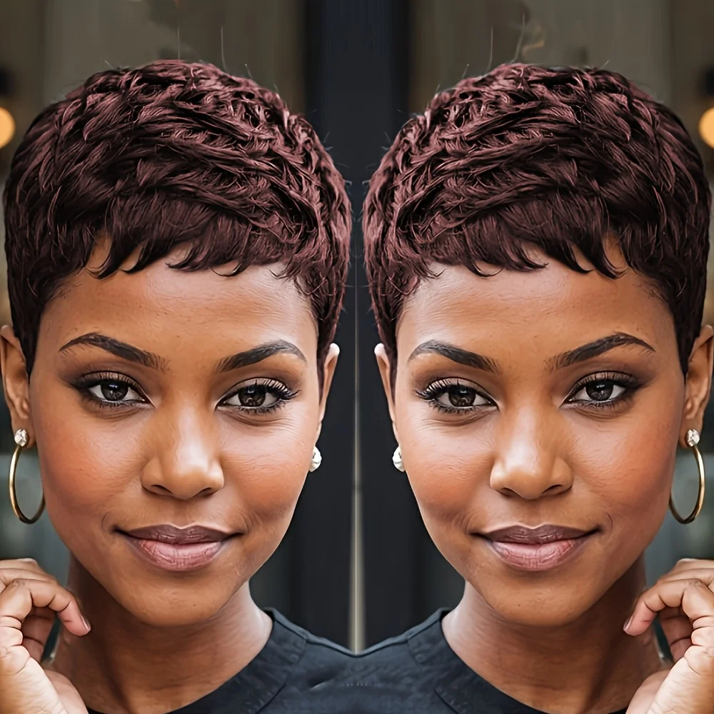 4 Inch Short Curly Wave Pixie Cut Wig, Full Machine Made