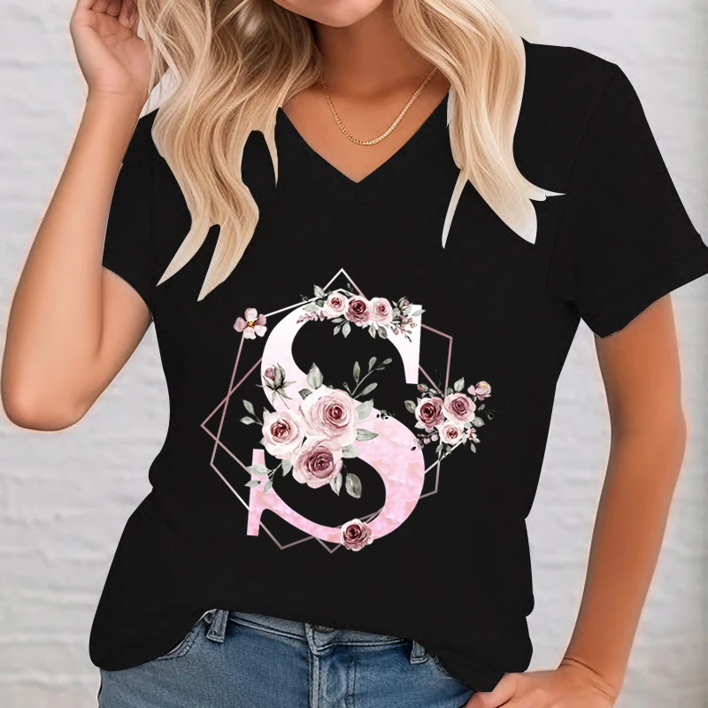 Pink Floral Alphabet A-Z Women's T-shirt Short Sleeve Creative Letter Print V Neck T Shirts Harajuku Fashion Initial Letter Tops