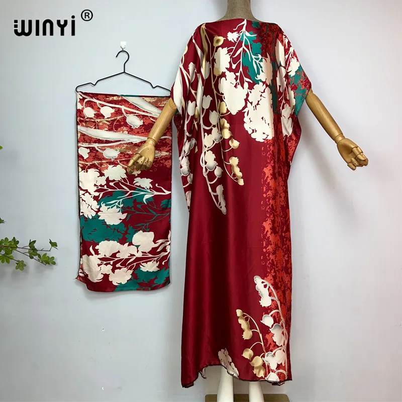 WINYI Africa summer Long Dress with belt Women fashion Print kaftan Casual Elegant Holiday summer Maxi silk Bohemian party dress