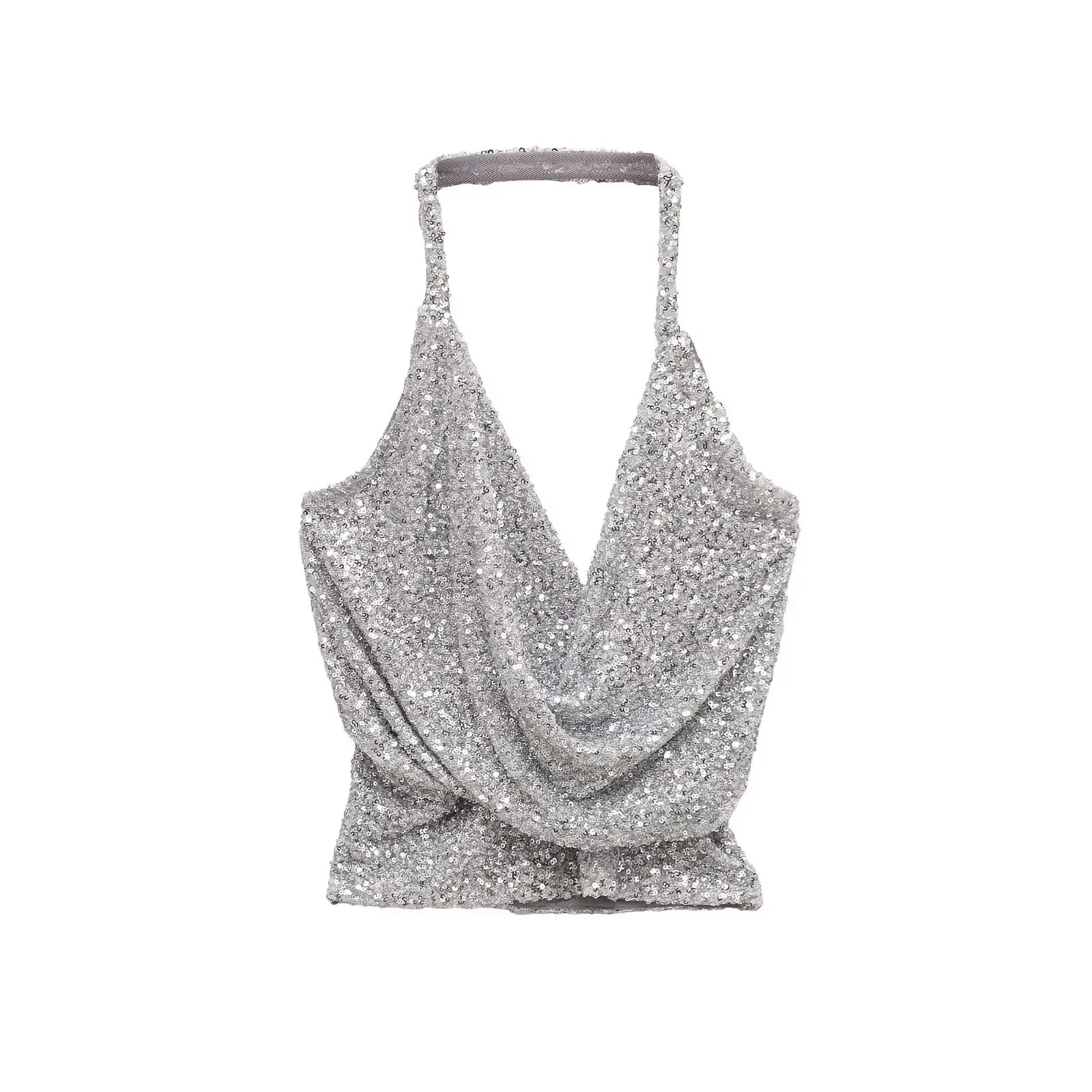 

Sequined Beaded Tank Top for Women Ruched Camis Top Women Sexy V-neck Halter Neck Top Woman Summer Sleeveless Top