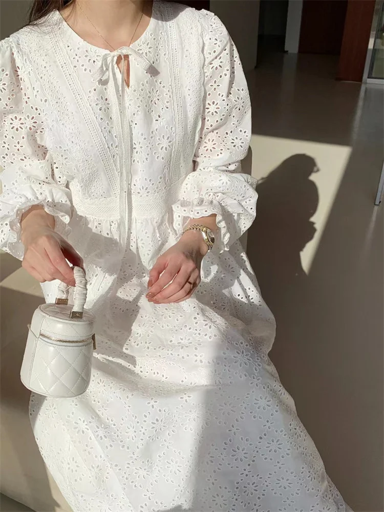 

Korean Chic Spring Retro Lace Dress Summer Tie Bow Round Neck Bubble Sleeve Hollow-out Hook Lace Dress Women Boho Beach Vestidos