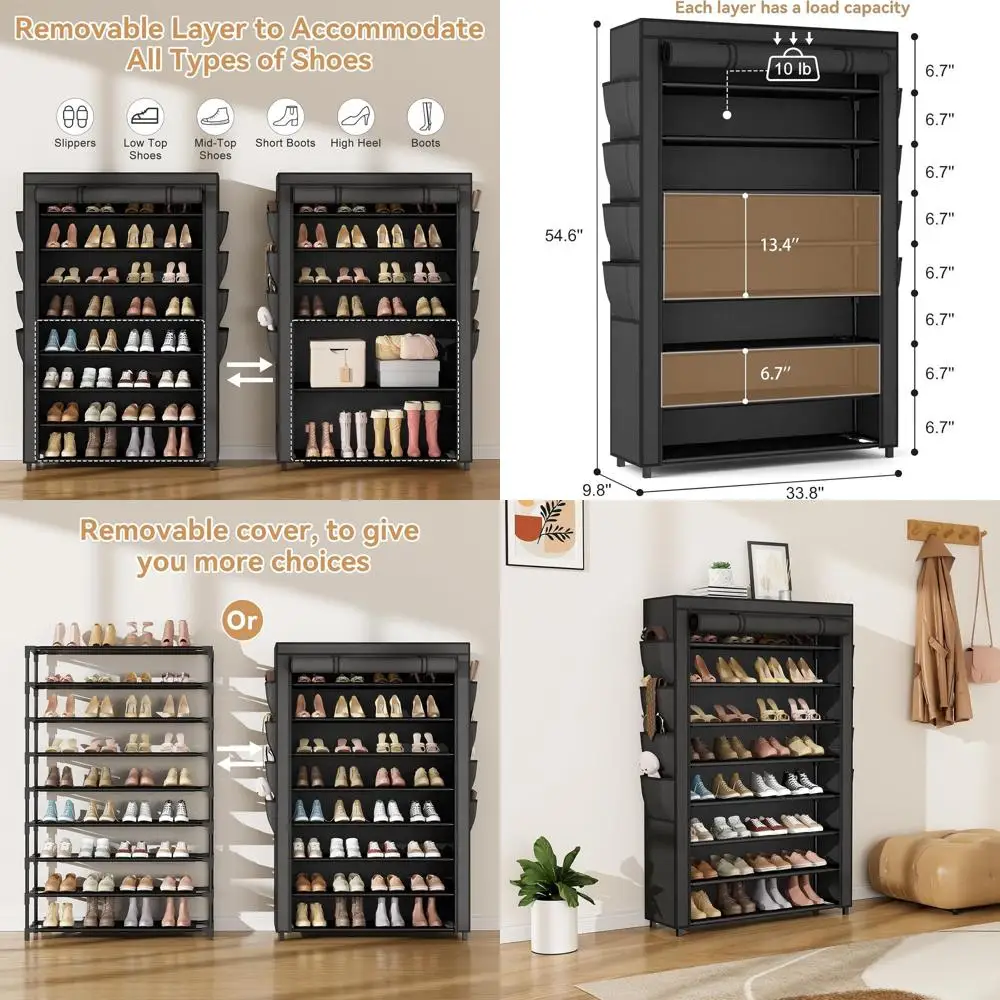 

8-Tier Shoe Rack Cover for 36-45 Pairs, Large Storage Shelf, Free Standing Organizer for Closet, Entryway, Dorm, Garage