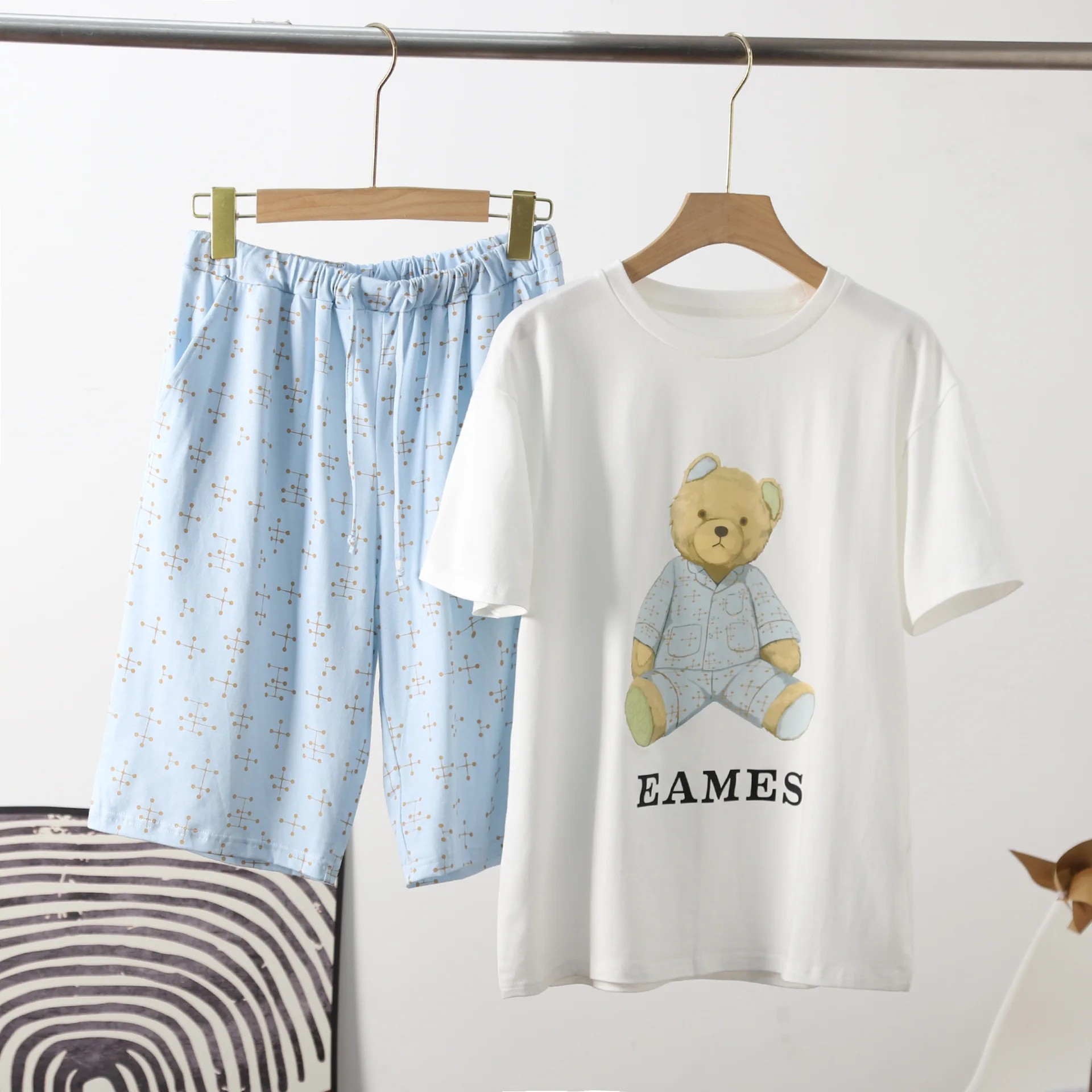 

Милая пижама с медведем в японском стиле для пар, из модала, летняя, тонкая, удобная, свободная, мужская домашняя одежда, с коротким рукавом и шортами