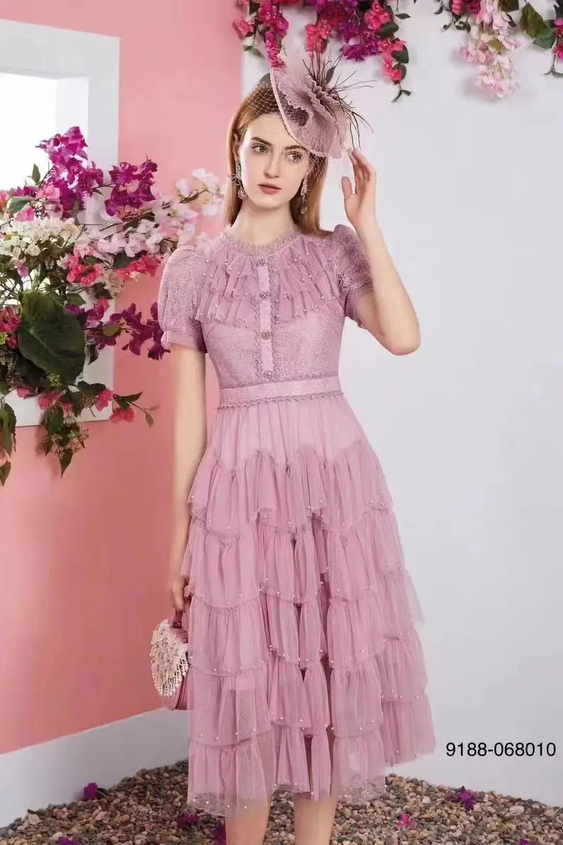 Vintage Pink Beading Mesh Lace Long Dress Women Short Sleeve Summer French Fashion Embroidery A Line Vestidos High Quality F529