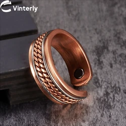 Vinterly Pure Copper Magnetic Rings Women Men Twisted Health Energy Finger Open Cuff Adjustable Jewelry High Magnet Resizable