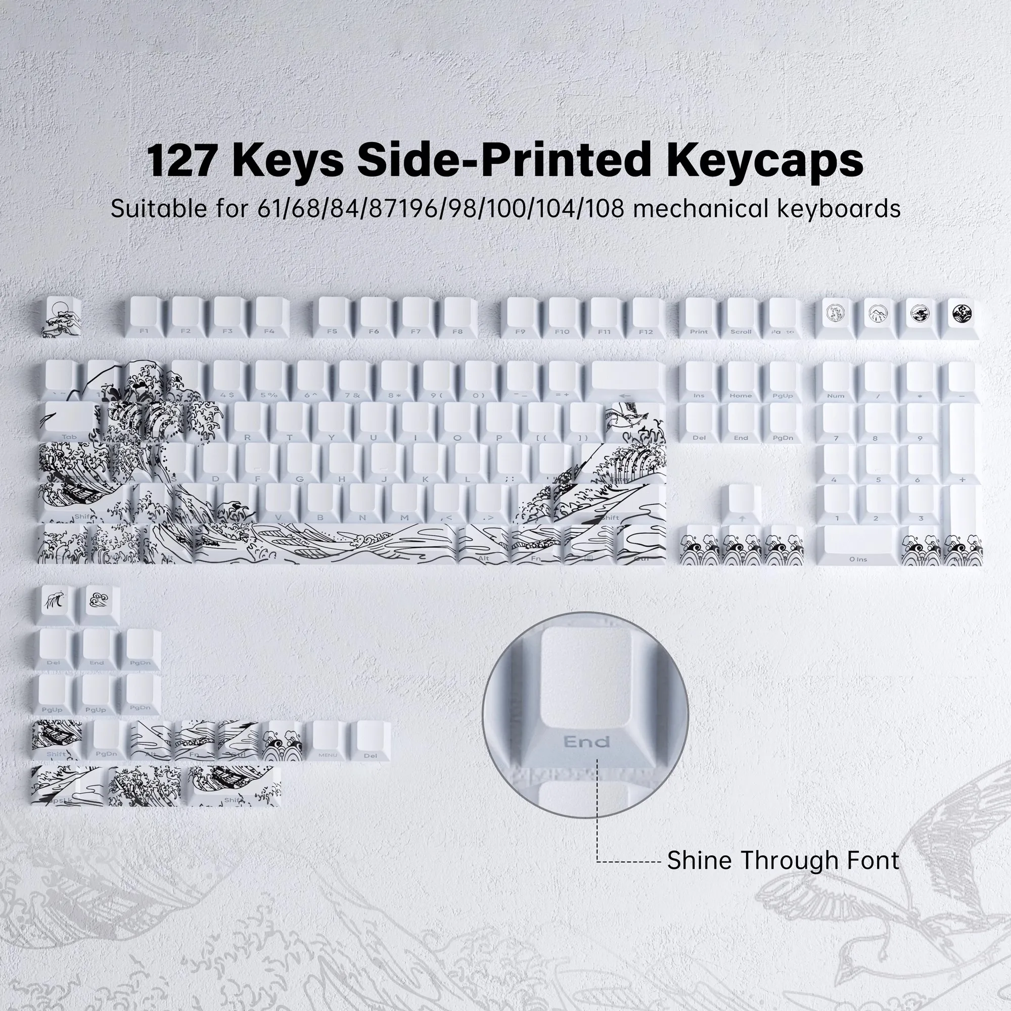 Imagem -06 - Xvx Branco Coral Mar Brilho Através de Teclas Pbt Corante-sub Impressão Lateral Keycaps Cereja Perfil Onda Personalizada Kanagawa Keycaps 127 Teclas