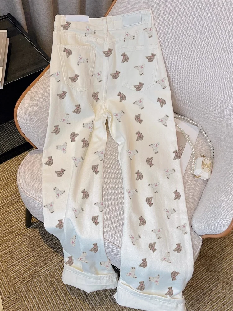 

Retro Hong Kong Sle Bear Print High Waist Wide Leg Jeans Women's Summer Dopane Design Loose Straight Cut Denim Pants