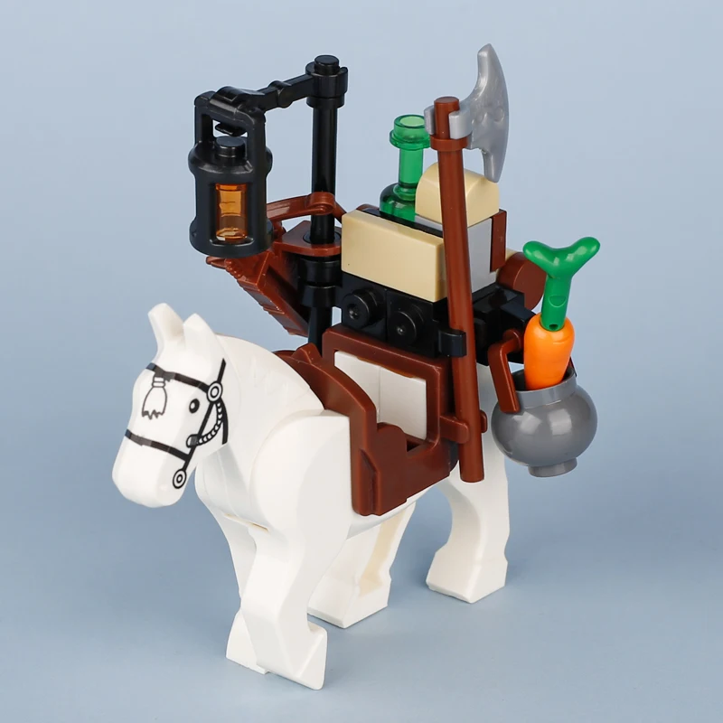 Castelo medieval cavaleiro soldado figuras transporte transporte bloco de construção aldeia gado cavalo bagagem animal moc tijolos crianças brinquedo