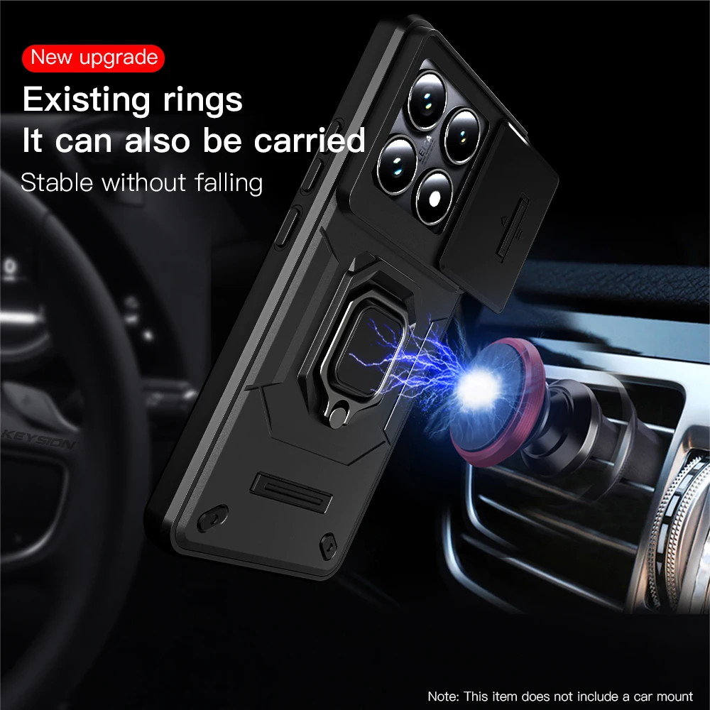 KEYSION Shockproof Armor Case for Xiaomi 14T Pro 5G Slide Camera Protection Ring Stand Phone Back Cover for Xiaomi 14TPro 14T 5G