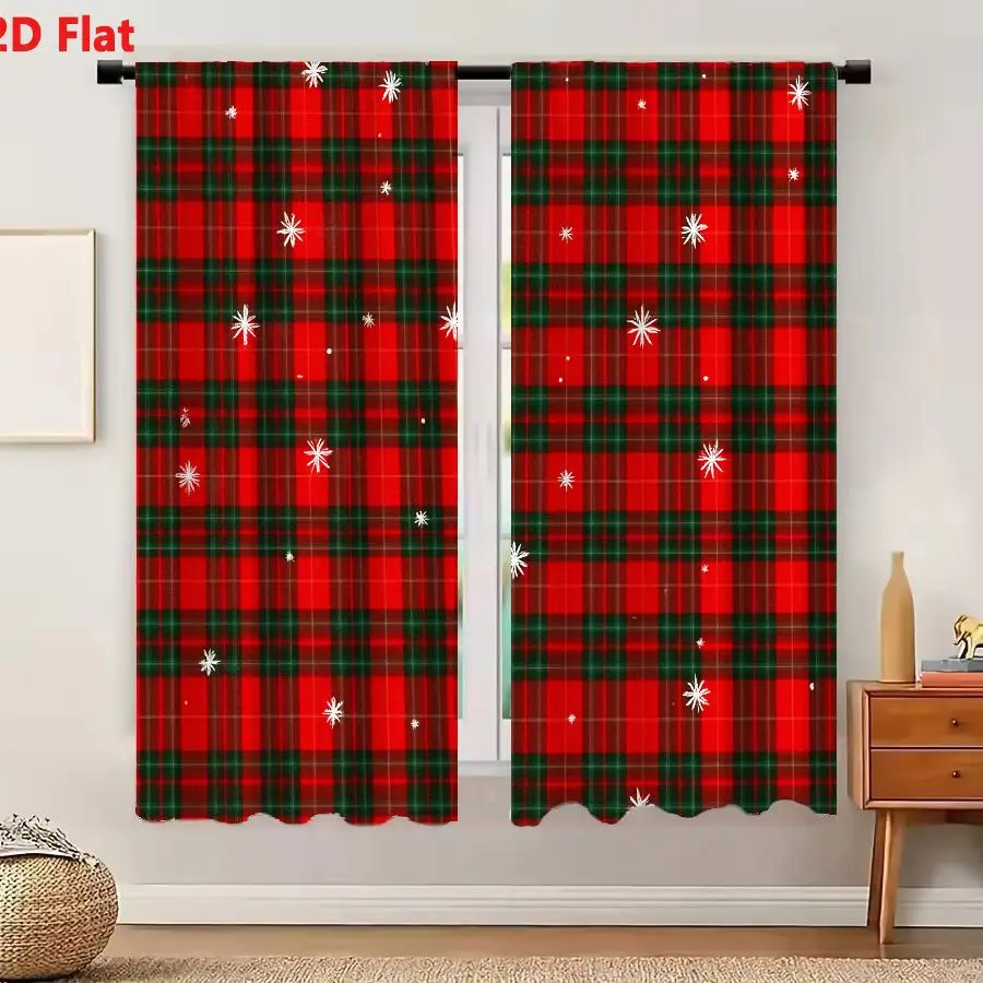 2Pcs Curtains 2D Flat Classic Red And Green Tartan Plaid With White Snowflakes Christmas Winter Holiday Pattern Window Drapes fo