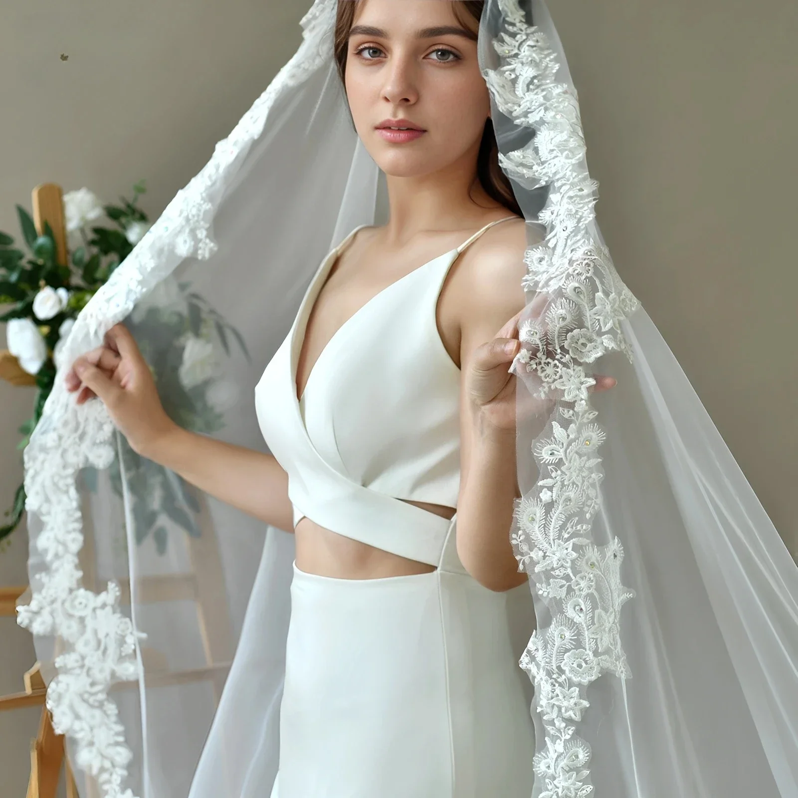 

Bridal Veil Single Layer Long Trailing Lace Veil Tulle Handmade Wedding Supplies Bridal Dress Wedding Dress Wedding Bridal