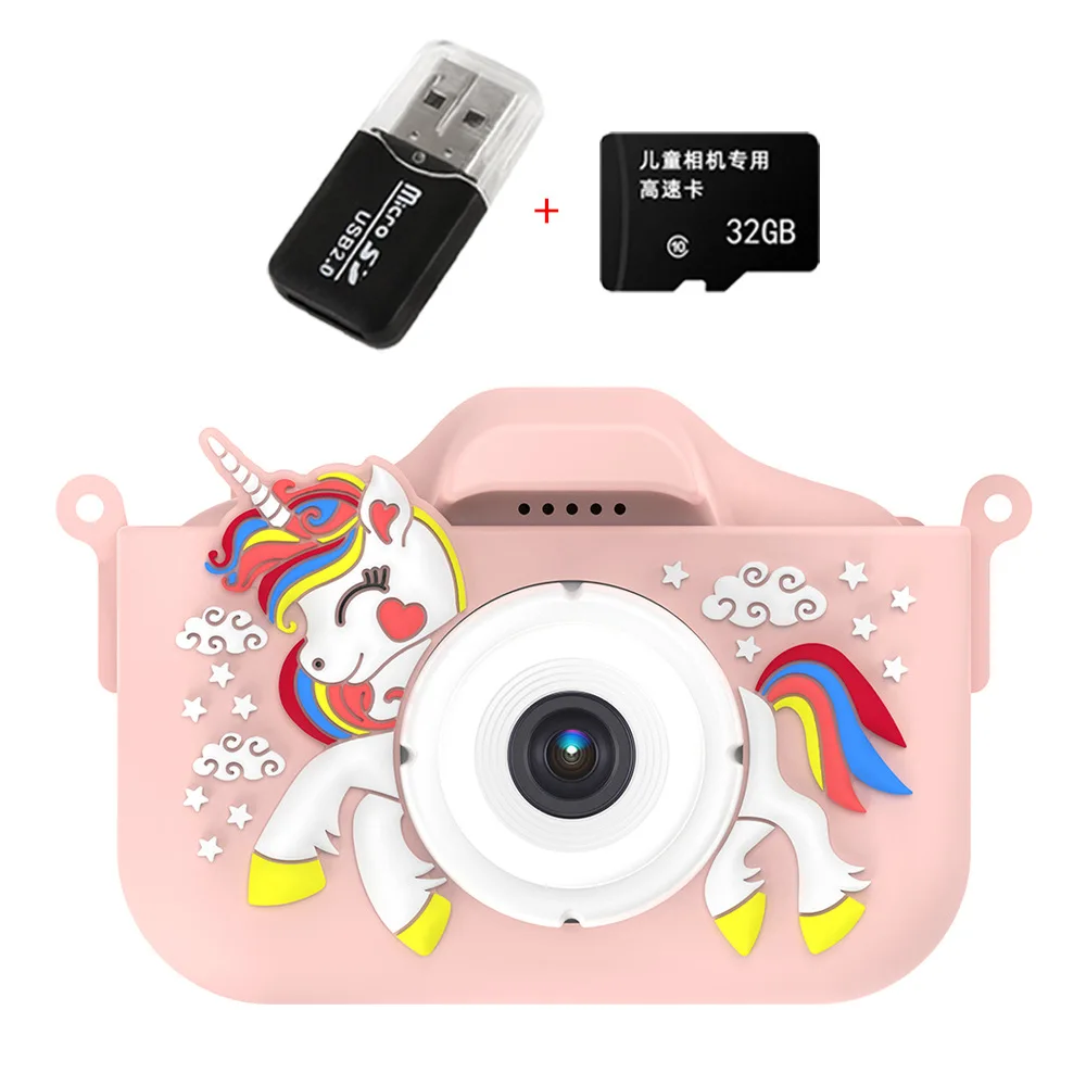 Kids Mini Camera Cartoon Unicorn Toys For Girls Boys Birthday Gifts 4800W HD Dual Camera With 32G SD Card Record Life Camera