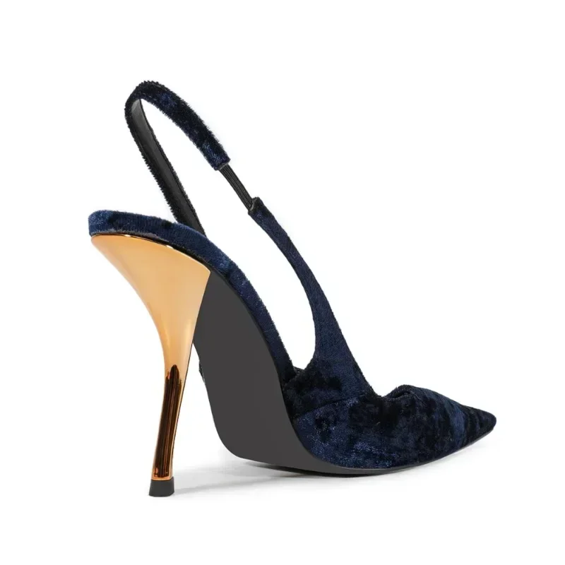 2025 European and American Sexy Metal High-heeled Pointed Back Hollow Sandals Women\'s Fashion Suede Runway Shoes