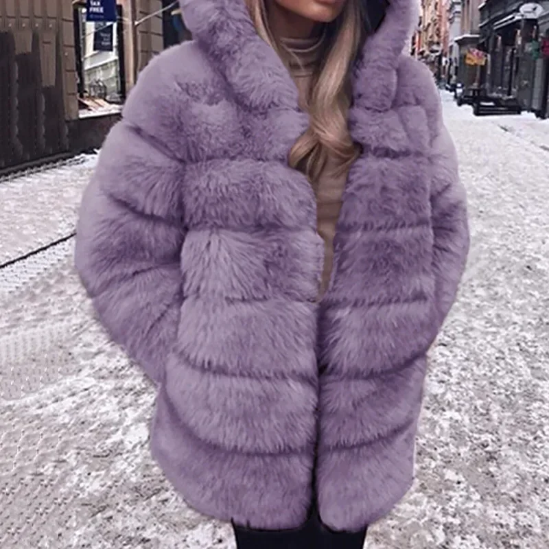 

With Pockets Casual Oversized Fashionable Hooded Coat 5XL Thick and Warm Winter 2024 Fashion New Women's Plush Faux Fur Coat
