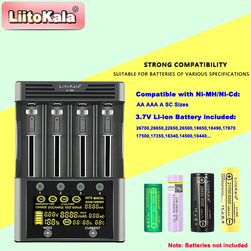 Ładowarka LiitoKala Lii-600 do akumulatorów Li-ion 3,7 V i NiMH 1,2 V Odpowiednia do akumulatorów 18650 26650 21700 26700 AA AAA 12V5A