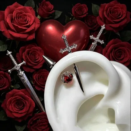 Punk Gothic Sword Cross Ear Studs Red Crystal Spike Ear Cuff Cool Women Halloween Dark Jewelry