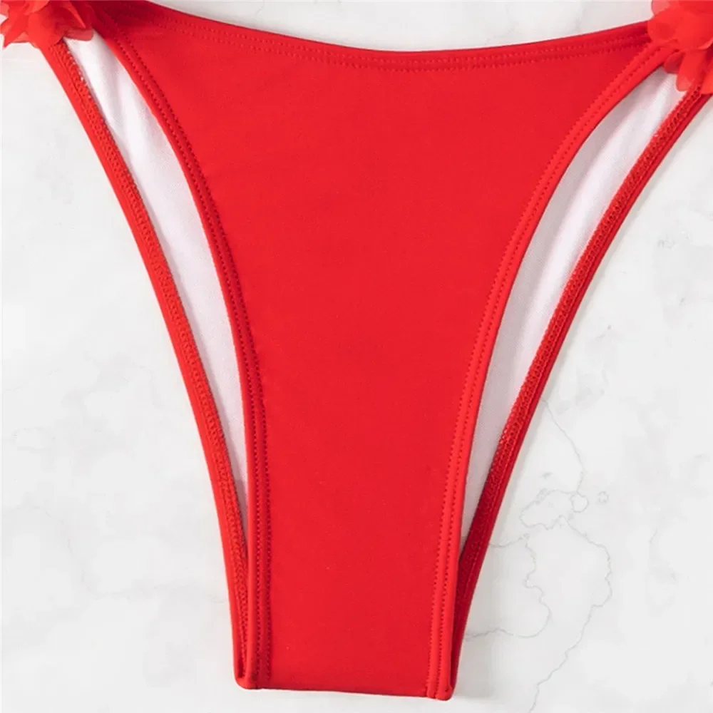 Red Mesh Flower Bandeau Bikinis Sets Sexy Swimsuit Women Thong Swimwear Push Up Bathing Suit Beach Wear Bikini Mujer Biquinis