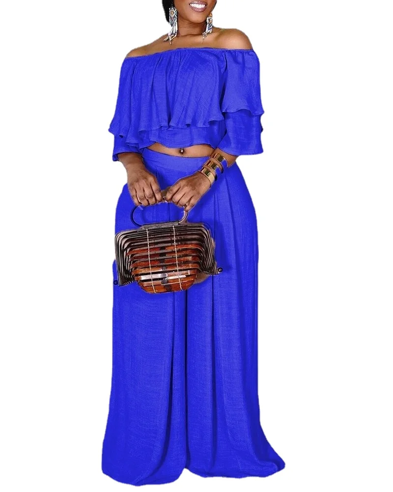 

African Clothes for Women Summer 2022 Polyester African Women Short Sleeve Solid Color Two Pieces Sets Top and Long Pant