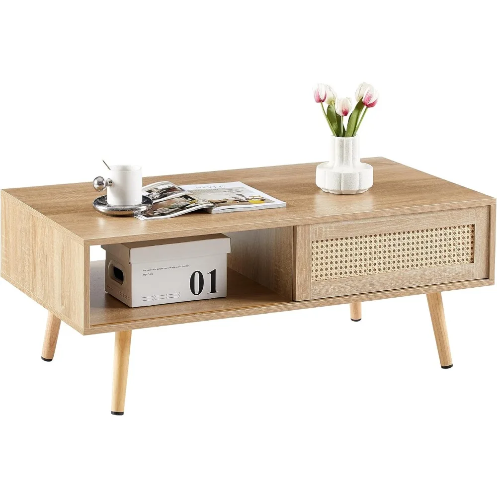 Mid-Century Modern Rattan Coffee Table with Sliding Doors and Open Storage for Living Room