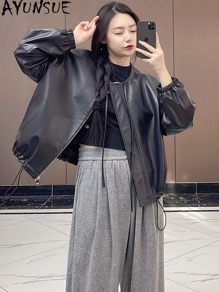 Ayunsue jaquetas de pele de carneiro genuína mulher 2025 outono jaquetas de couro mulher roupas moda solta couro genuíno topo abrigo mujer