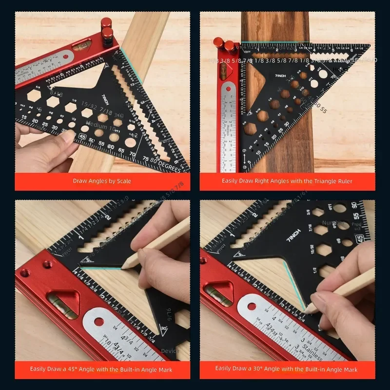 Aluminum Alloy Triangle Ruler 7 Inch Metric Multifunctional Woodworking Corner Square Ruler 90 45 Degree with Holes