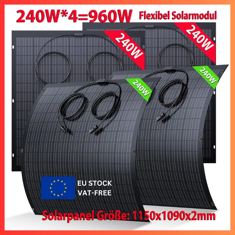 960 W flexibles Solarpanel-Set (4 × 240 W), monokristalline Beleuchtung, PV-Panels für Balkon, Wohnmobil, Boot, Camping, CE-zertifiziert