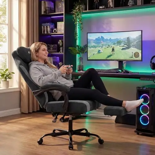 Fabric Video Gaming Chair, Ergonomic High-Back Computer Game Chairs with Large Massage Adjustable Lumbar Support view 2