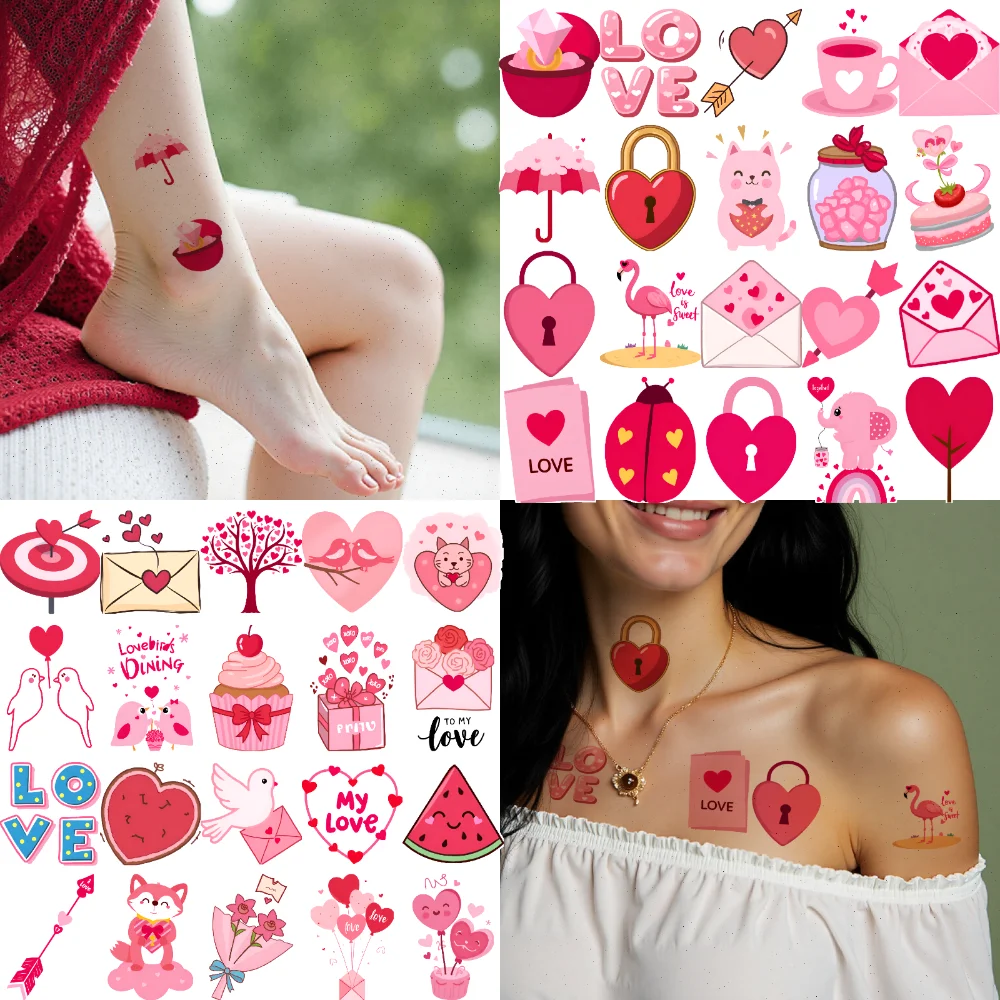 

63pcs Temporary Tattoo Heart Lock Cartoon Love Letter Heart Balloons Waterproof Long-lasting Body Stickers For Arms Girls