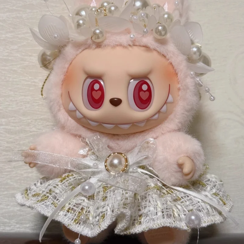 Labubu Clothes Set Designer Original White Dress Pearl Petal Headband Silk Ribbon Doll Accessories Wedding Dress Labubu Clothes