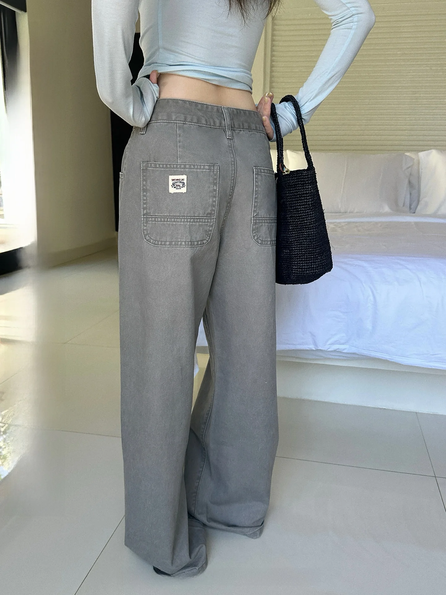 

Женские джинсы с низкой посадкой, серые, широкие, в пол, прямого кроя, в корейском стиле, весенние, повседневные, свободного кроя, цветные