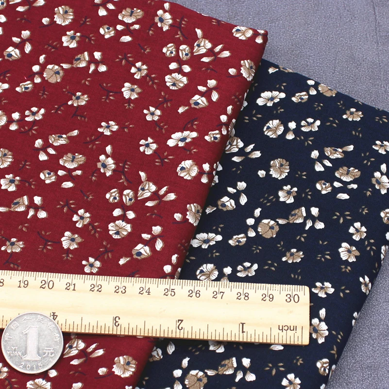 Vintage Floral Printed Fabric Dark Cotton Poplin Nave Red for Sewing Dresses DIY Handmade by Half Meter