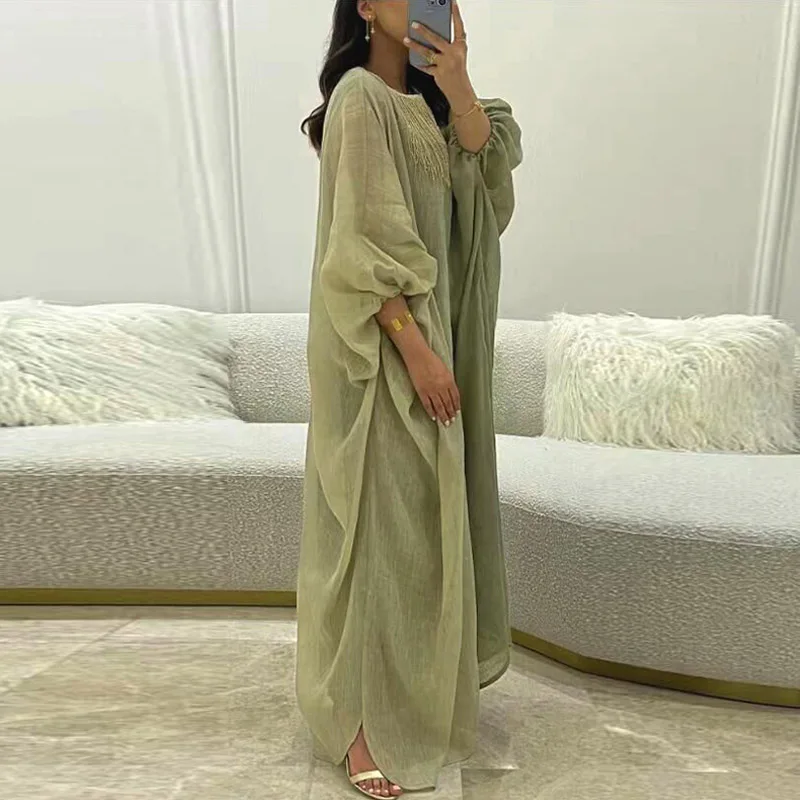 Ethnic Vintage Solid Tassel Cotton Linen Dress Women 2023 Spring O Neck Loose Long Maxi Dress Summer Lantern Sleeve Boho Dresses