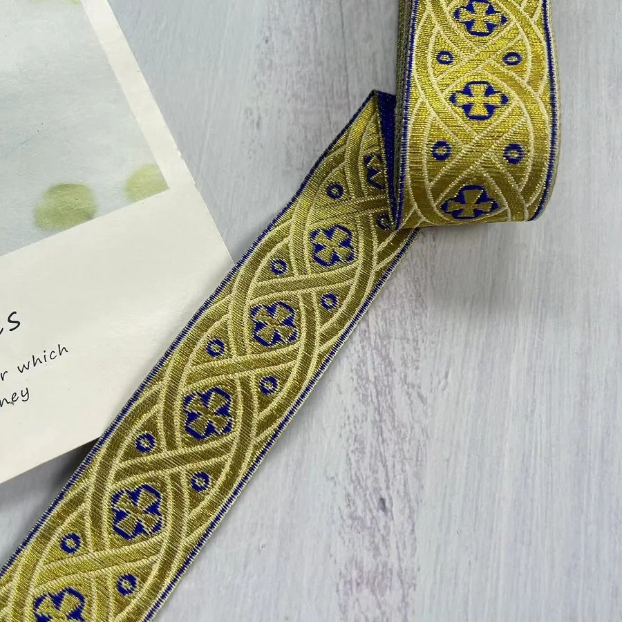 Gold silk Embroidery Cross Pattern Ribbon Lace Jacquard Woven Webbing DIY Clothing Shoes Edge Sewing Accessories 3.3cm 7Meter