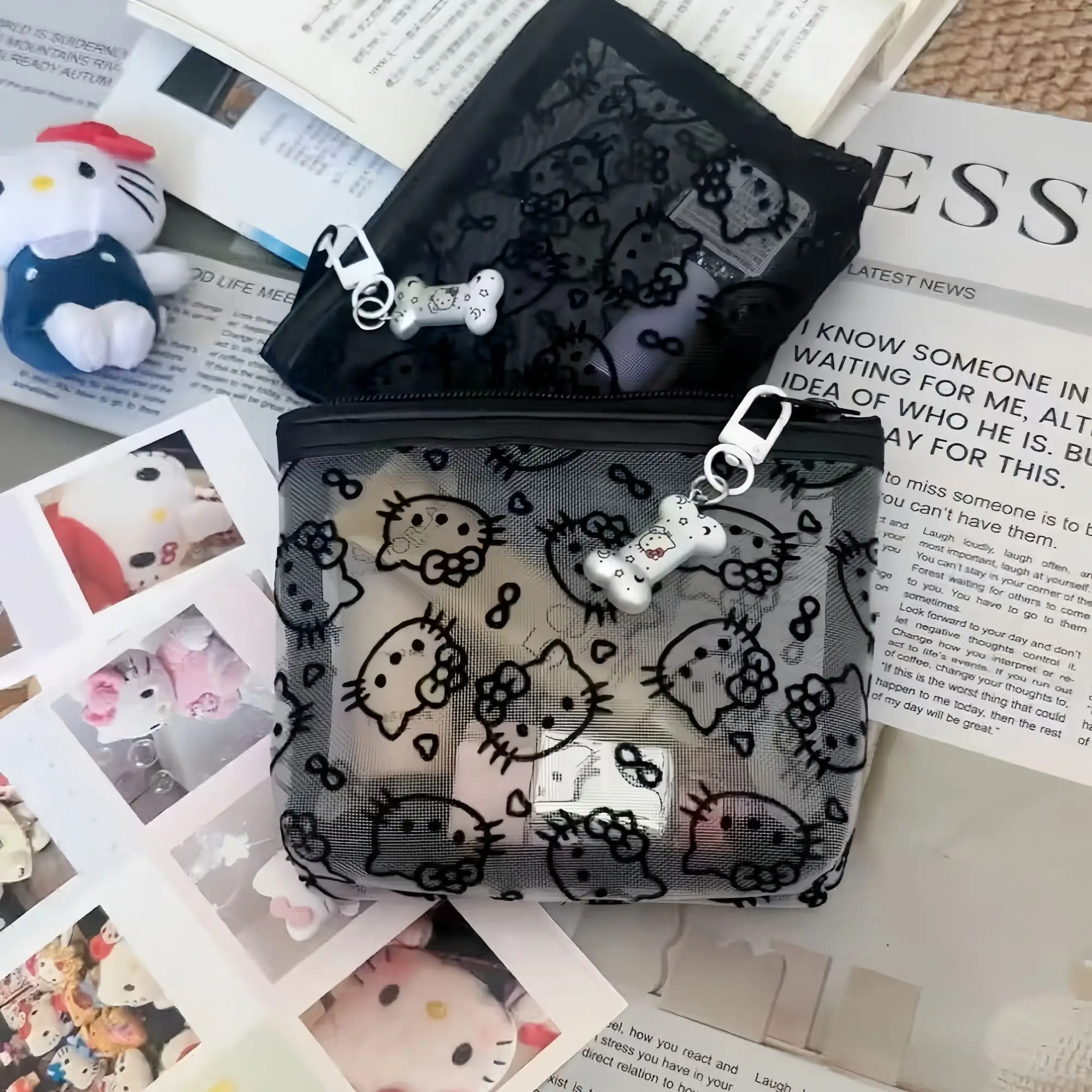 Kawaii Lace Hello Kitty Cosmetic Bag Cute Vintage Coin Purse Black Mesh Storage Bag Portable Makeup Bag Gift image 2