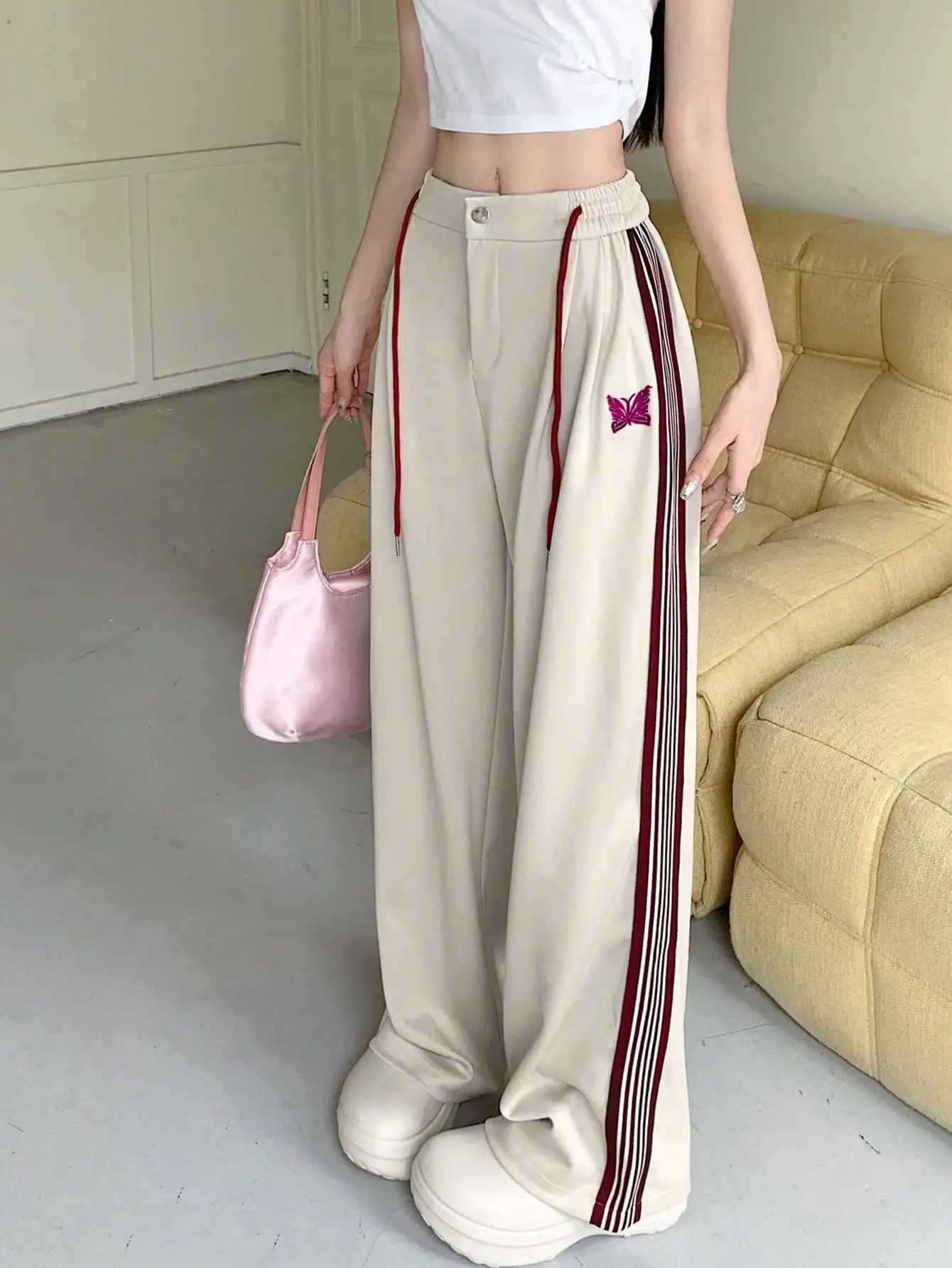 Korean Chic Summer Design Color-Blocked Stripesd High-Waisted Wide-Leg Pants Loose Slimming Look Versatile Casual Sports Pants for Women