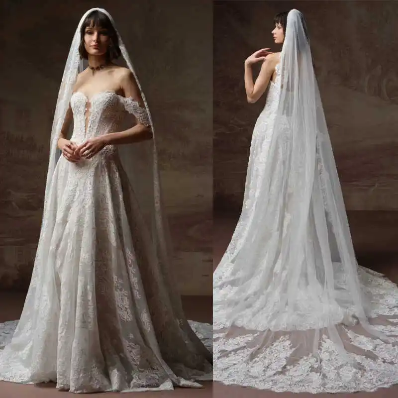 

Elegant Lace Wedding Veil Appliques Cathedral Length Bridal Veils One Layer With Comb Bride Accessories Customized