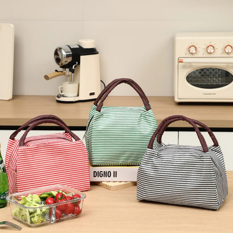 Wear-resistant Oxford cloth striped lunch box, hand-held bento bag, heat and ice preservation work, waterproof lunch bag
