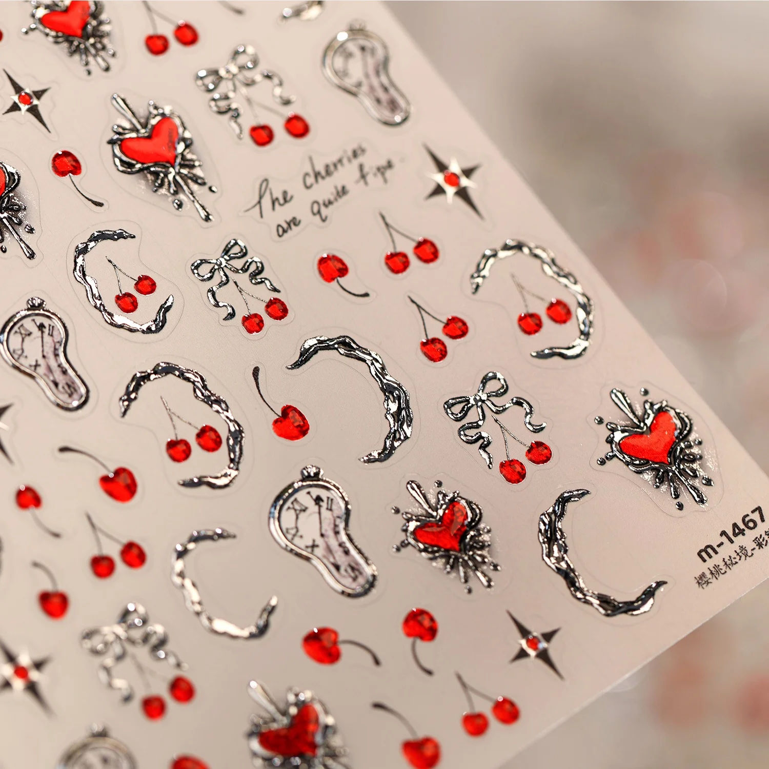 Dark 5D Nail Art Stickers Gloss Silver Twisted Crescent Melting Clock Thorn Heart Star Cherry Fruit Self Adhesive Punk Decals