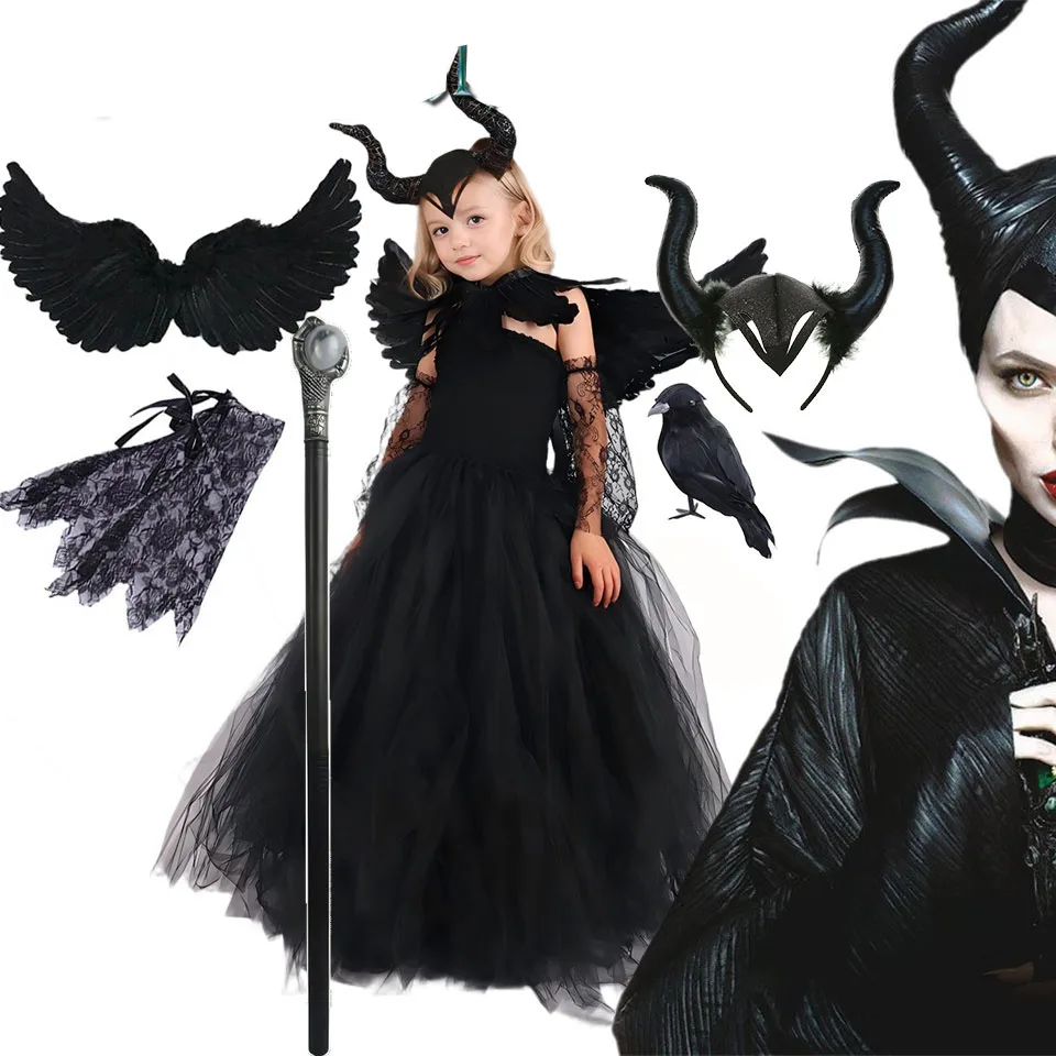 Vestido de Tutú Negro de Maléfica para Niñas de 2 a 10 Años con Bufanda de Plumas, Disfraz Gótico de Villana para Halloween 2026, Vestidos de Fiesta