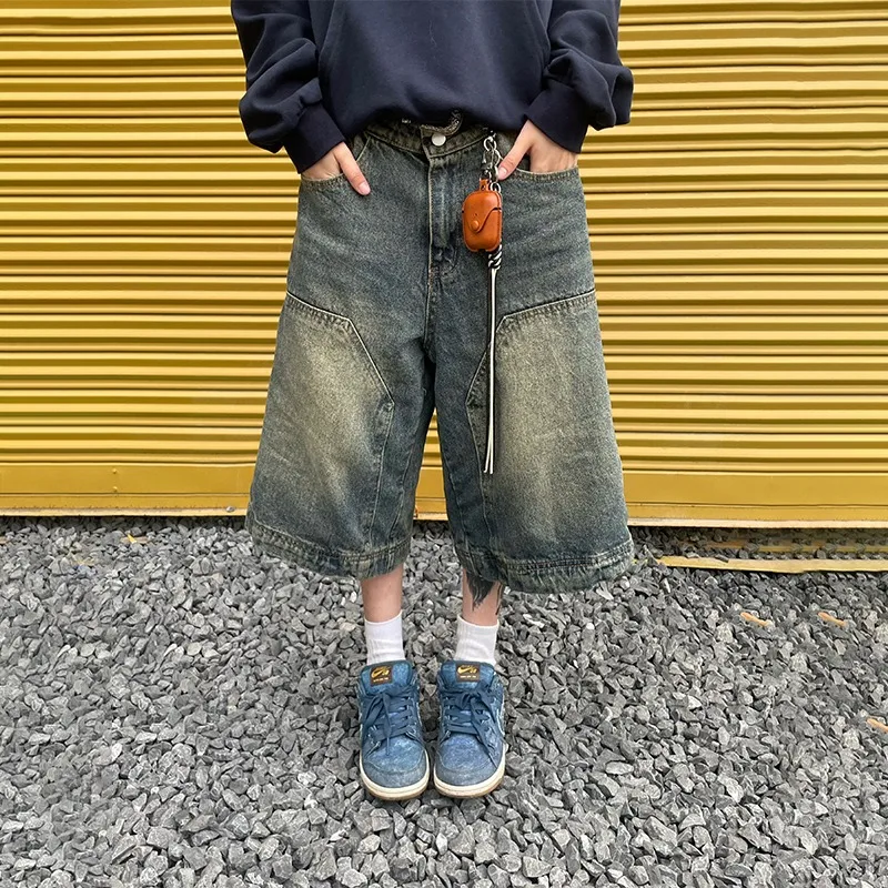 

American Retro Washed Denim Shorts Unisex Summer Street Straight Leg Wide Leg Casual Seven-Foot Trendy Jeans Pants Baggy Jeans