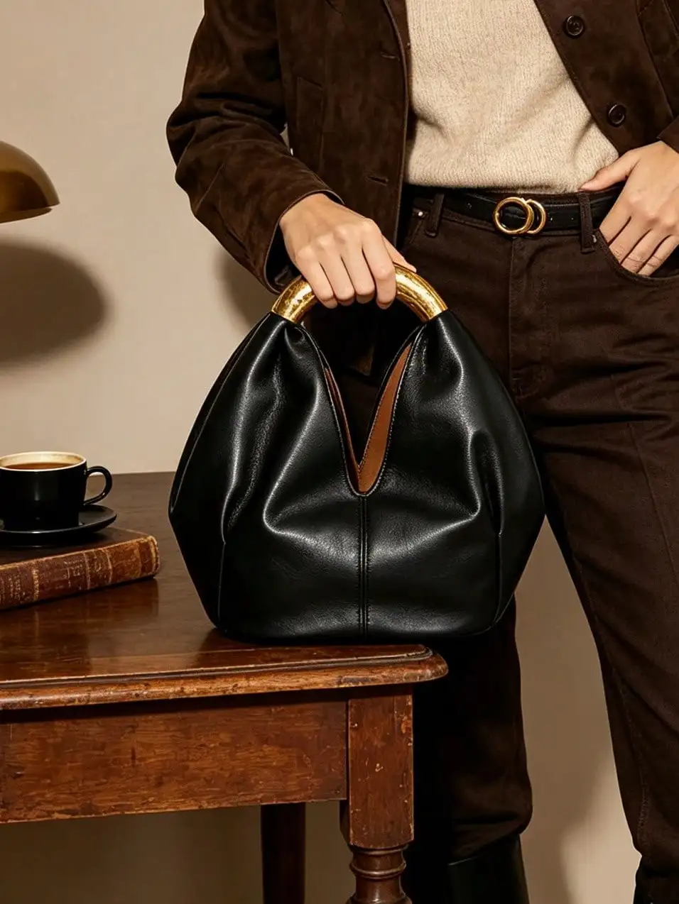 Soft Faux Leather Ruched Dumpling Handbag With Hammered Metal Ring Handle, Mini Cloud Underarm Bag, Versatile For Commuting,Dating Shopping,Vacation