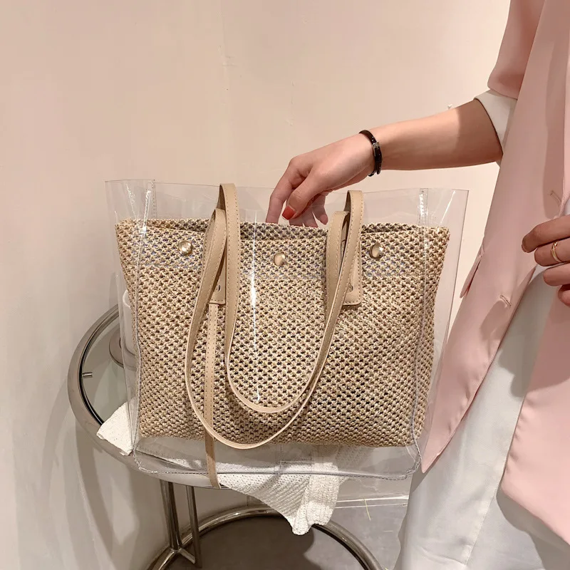 Summer New Transparent Straw Bag Large Capacity Rattan Shoulder Bag Woven Handmade Tote Bag Seaside Beach Bag Shopping Bag sac