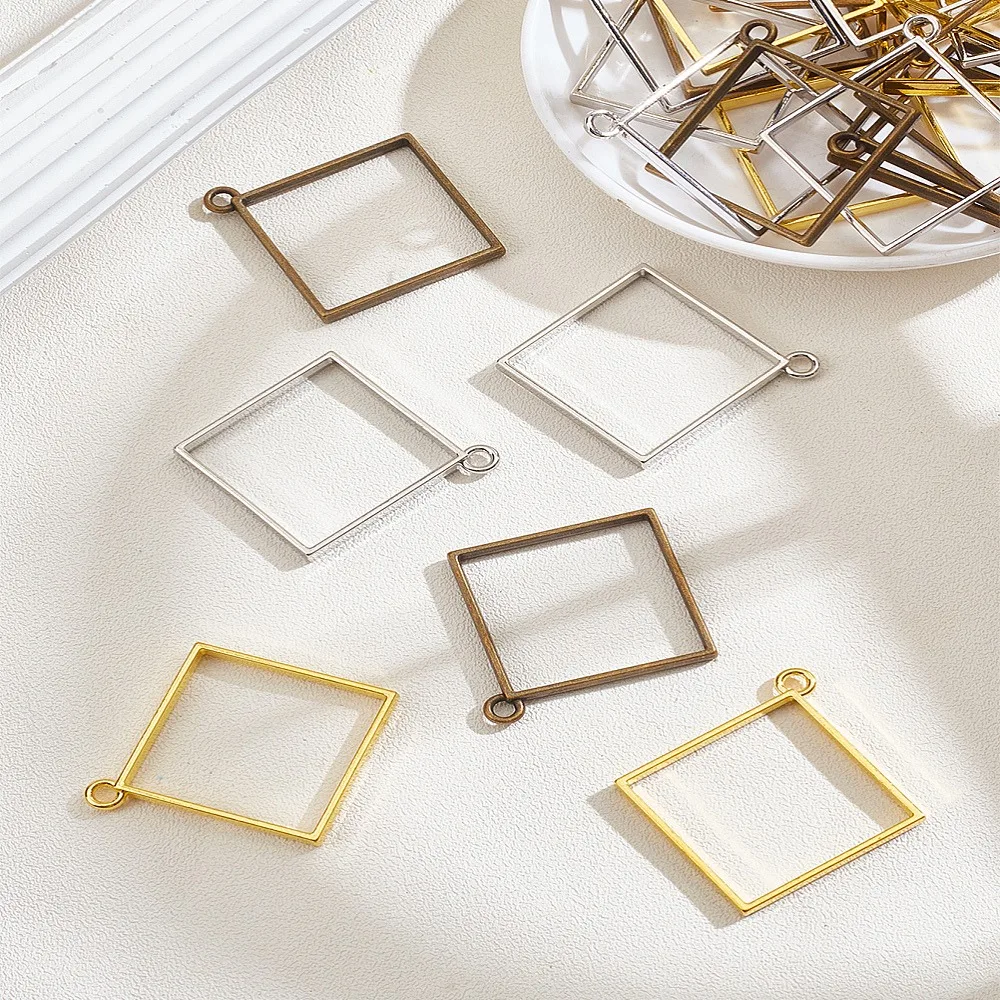 

24Pcs 3 Colors Rack Plating Alloy Rhombus Open Back Bezel Pendants For DIY UV Resin Epoxy Resin Pressed Flower Jewelry