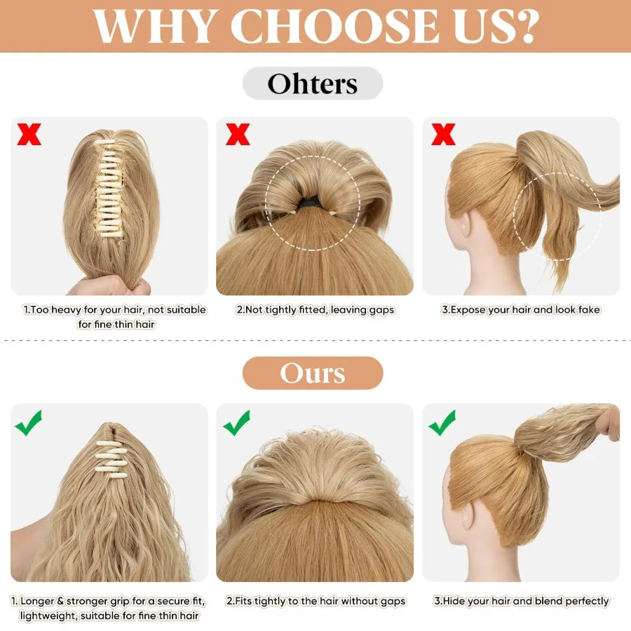 SARLA قصيرة ذيل حصان تمديد مخلب كليب في 13 بوصة رقيق الاصطناعية مجعد متموج ذيل حصان هيربيسي للنساء البني إلى الرماد Blon